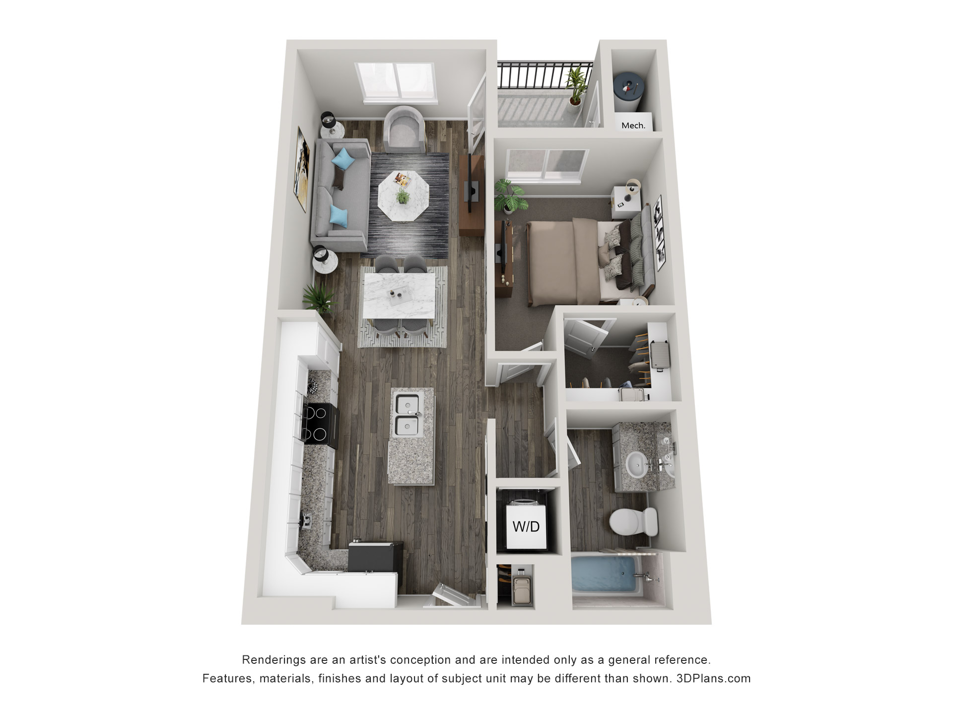 1x1 - 708 sqft - A1 floorplan